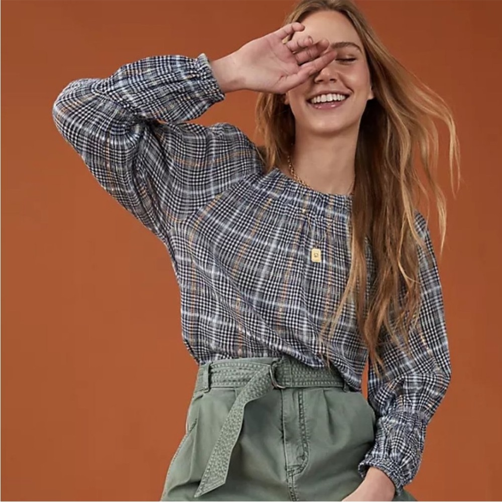 Pilcro blue and gold Checkered Shirt from Anthropologie